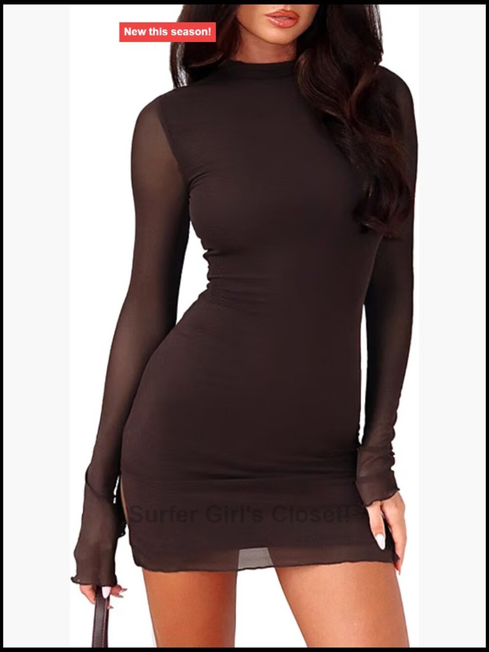 Women's Sheer Mesh Mock Neck Long Sleeve Bodycon Mini Dress with Slit Backless